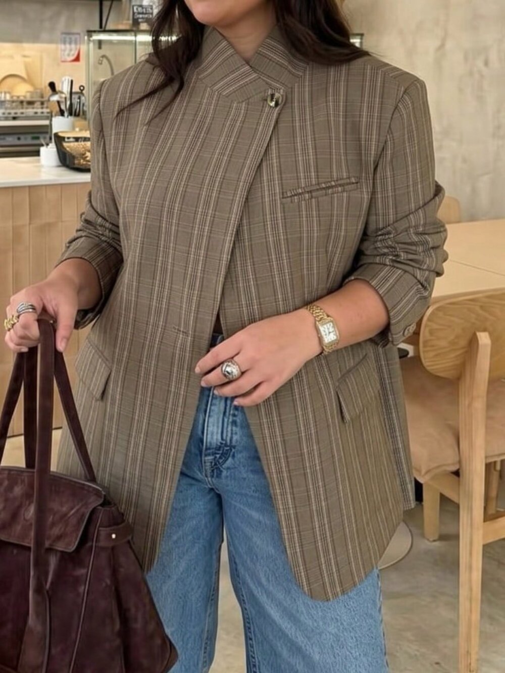 Maroon Casual Women's Plaid Asymmetric Blazer
